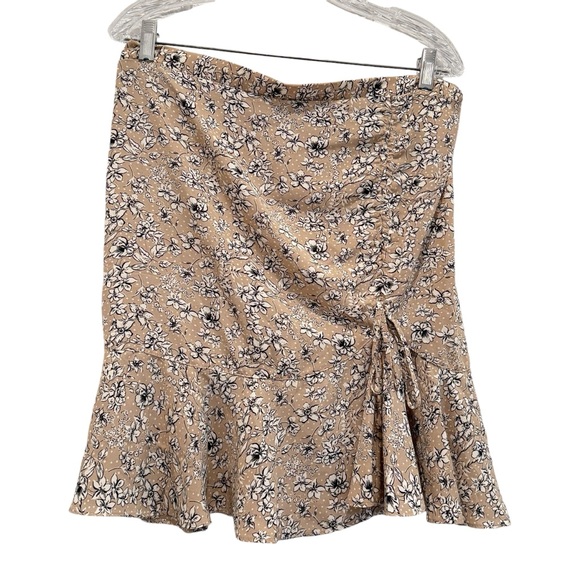Max Studio Ditsy Ruffle Cinched Mini Skirt Boho Floral Fall Tan Beige Sz XL - Picture 1 of 8